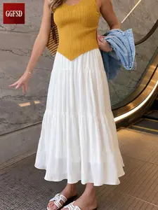 High Waist Midi Bottom Skirt for Women, Elegant Chic Casual Minimalist Aesthetic Shirred Design in Cream Color, Loose-Fitting A-Line Half Skirt for Spring & Summer Fashion, Womenswear