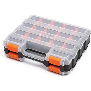 Double Side Tools Organizer with Customizable Removable Plastic Dividers, 34-Compartment Hardware Storage Box for Screws Nuts Small Parts, Black/Orange, 12.6"L x 10.6"W x 3.2"H