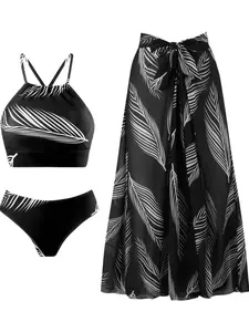 Women's Leaf Print Swimsuit Set, Criss Cross Tie Back Bikini Top & Panty Swim Bottom & Tie Front Cover Up Skirt Set, Boho Style Swimwear Set for Beach Holiday Vacation, Bikinis Sets