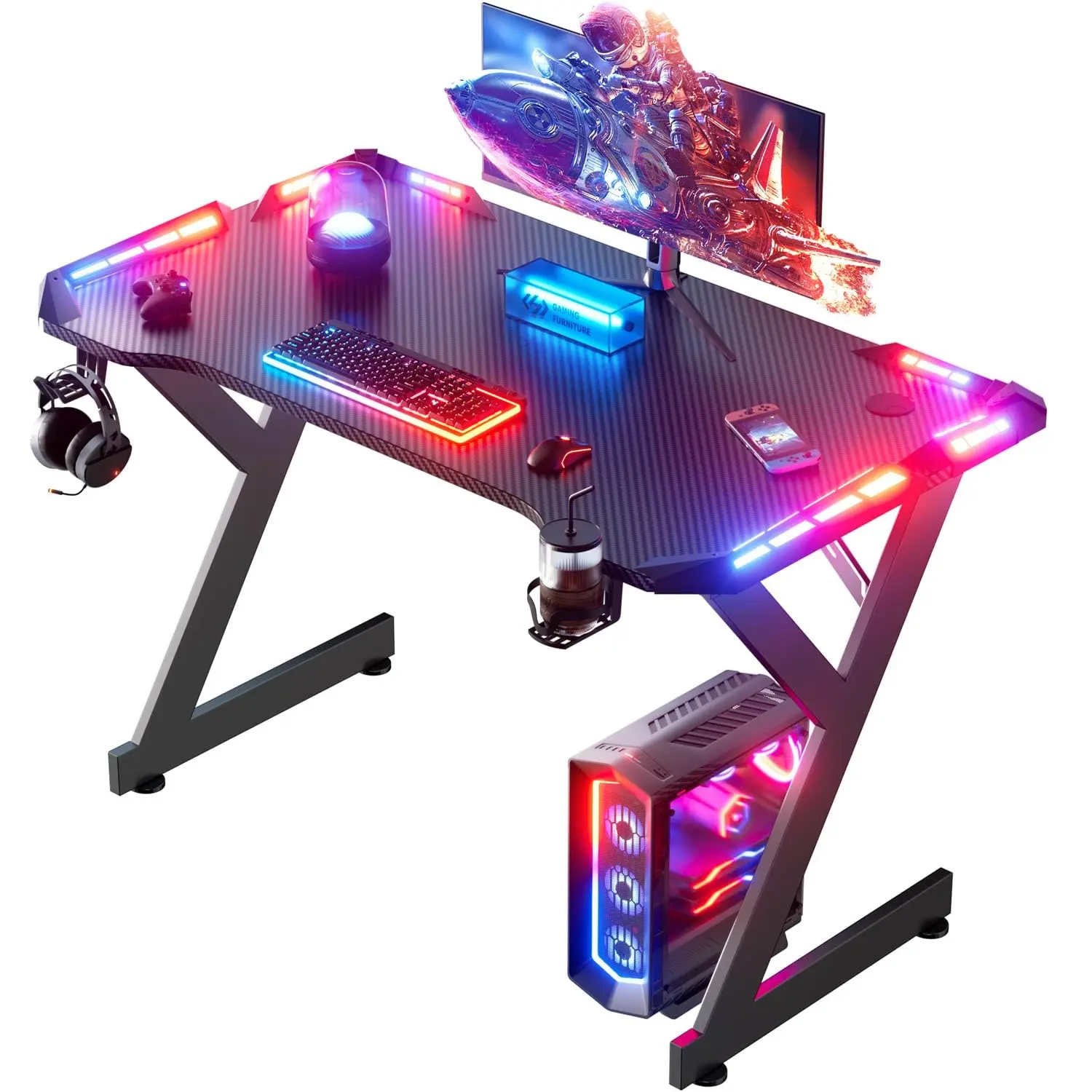 Y-Shaped Gaming Desk, 40 Inch Carbon Fiber Surface with RGB LED, Esports Computer Desk with Cup Holder & Headphone Hook, Easy Assembly, Black