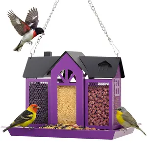 PAWGIANT Hanging Metal Bird House feeder, Bird Feeder House for Outside, With Triple Feeders for Finch Cardinal Chickadee Large Capacity, Weatherproof and Durable, Garden Decor for Outside, Unique Gifts for Bird Lovers Mom Grandma, Purple, Summervibes