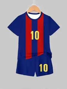 Boys Barcelona No. 10 Set Summer Classic Home Print Short Sleeve Shorts, Football Sportswear, Casual Fitted Suit