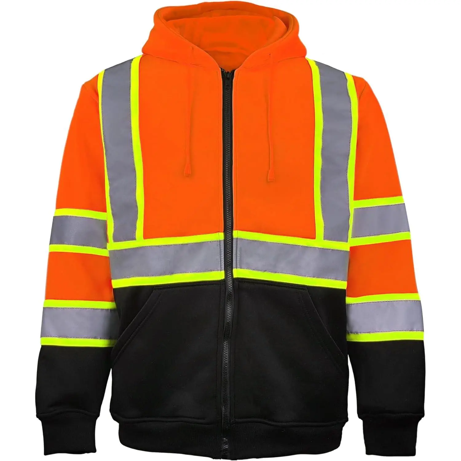 Men's ANSI Class 3 Safety Hoodie Jacket, Reflective Zip-Up Hoodie with Black Bottom for Construction Work