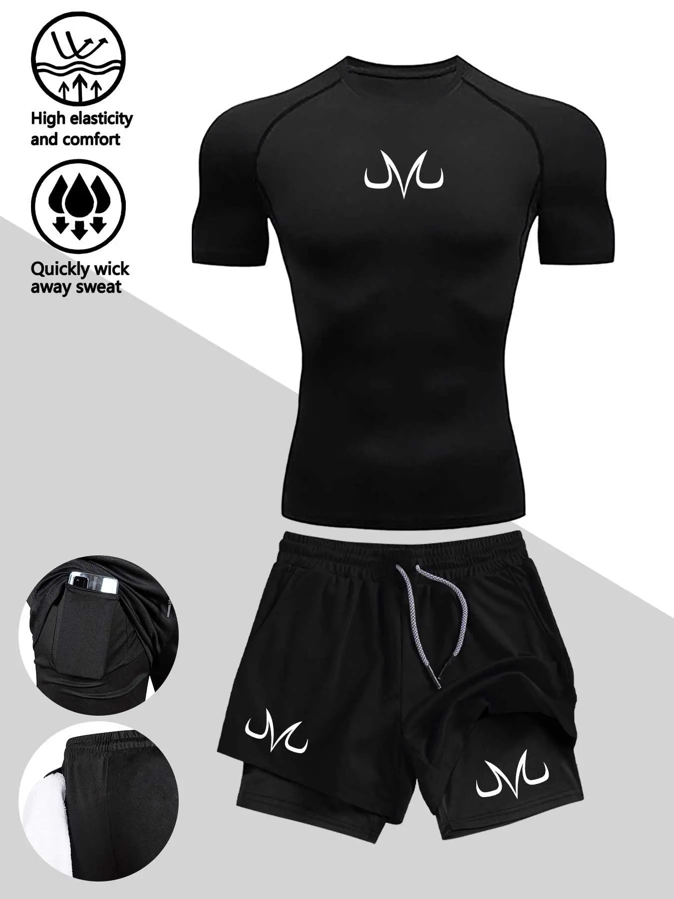 Men's Slim-Fit Two-Piece Set, Athletic Set, Athleisure Activewear Set, Athleisure Sportswear Set, Athleisure Summer Clothes: Short-Sleeve Top + Double-Layer Shorts, Ideal for Fitness, Running, Hiking, Gym Workout Clothes, Gym Outfits