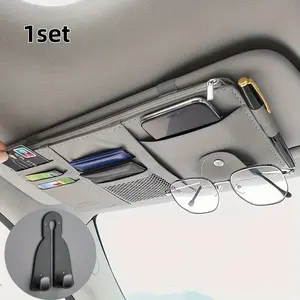 Multi-Functional Car Sun Visor Organizer with Sunglasses Clip, Premium PU Leather Zipper Pocket and Card Holder, Universal Auto Interior Storage Pockets