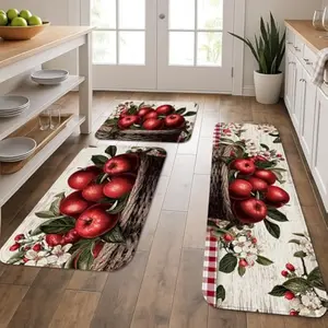 Vintage Rustic Kitchen Mats for Floor, Red Apples Floral Soft Mats, Cushioned Comfort Washable Decor Rugs for Kitchen Sinks Laundry Room Bathroom 3Pcs