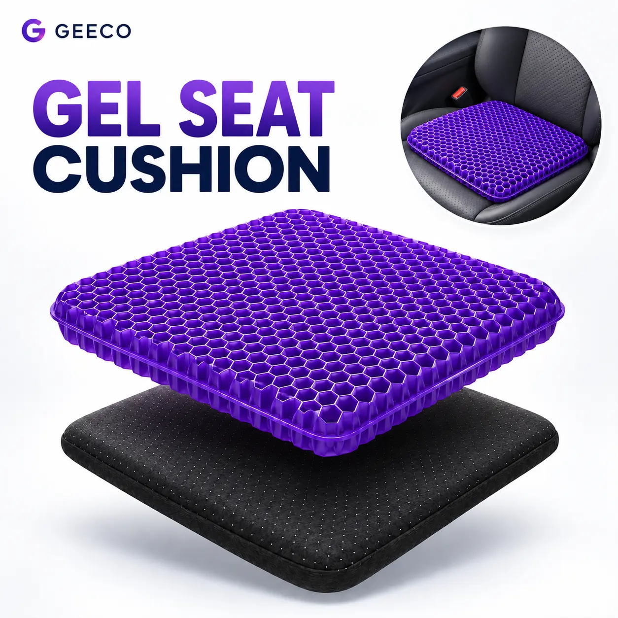 GEECO Firm Gel Seat Cushion for Office Chair & Car, Breathable Honeycomb Cooling Chair Pad with Non-Slip Bottom and Removable Machine-Washable Cover