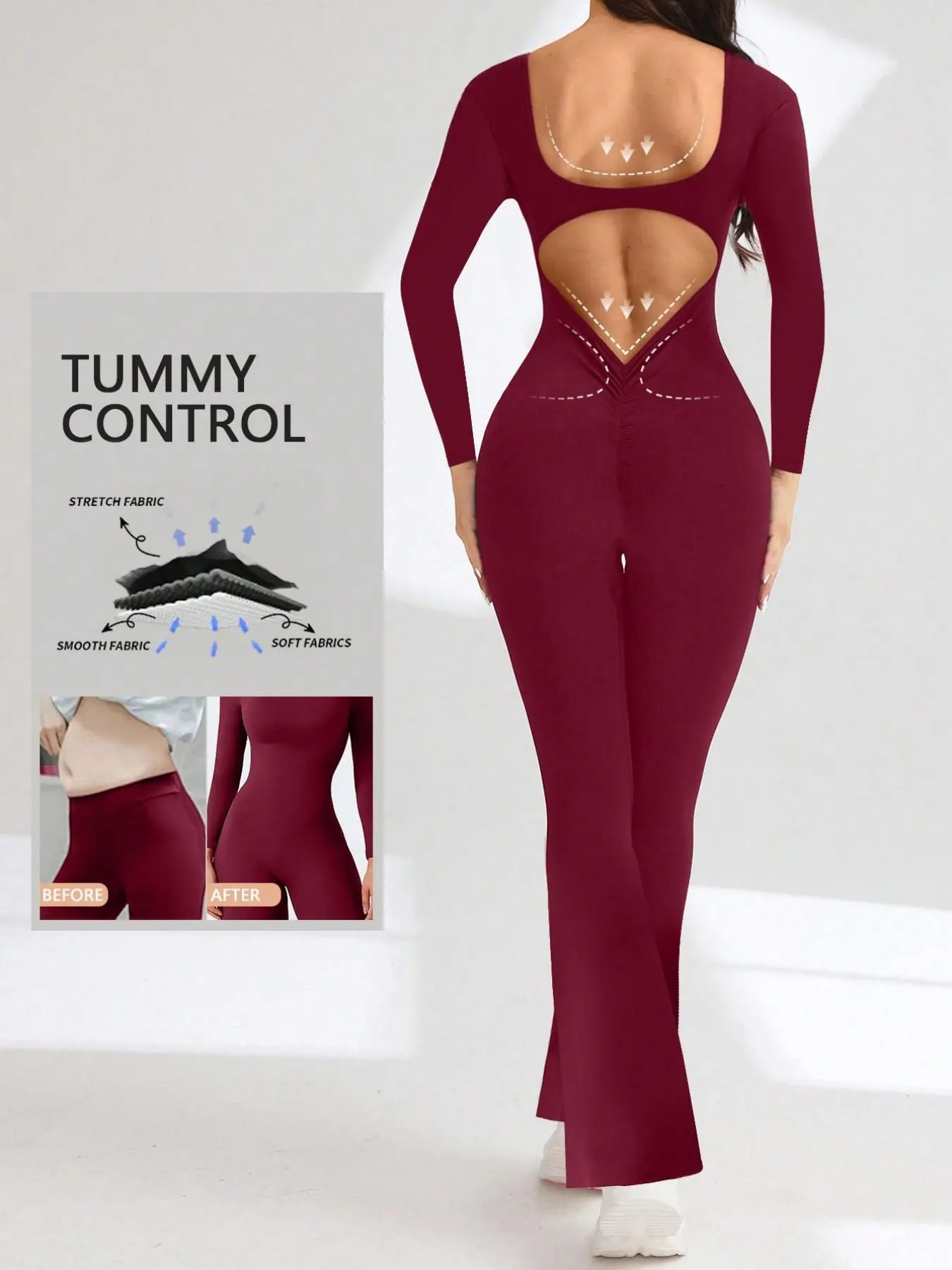Women's Sporty Long Sleeve Jumpsuit, Workout Jumpsuit, Sportswear Jumpsuit, Comfortable Yoga & Gym Wear, Stretchable Activewear, Tight-Fitting All-Season, Above Ankle Length, Sporty Comfy Jumpsuit