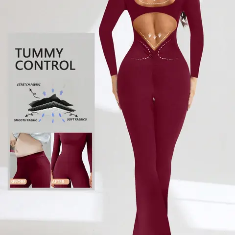 Women's Sporty Long Sleeve Jumpsuit, Workout Jumpsuit, Sportswear Jumpsuit, Comfortable Yoga & Gym Wear, Stretchable Activewear, Tight-Fitting All-Season, Above Ankle Length, Sporty Comfy Jumpsuit