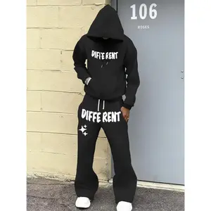 Men's 2-Piece Hoodie & Jogger Set American Street Style Printed Lettering Suitable for Leisure and Entertainment Trendy Light Stretch with Detailed Pockets Regular Cuffs Comfortable Casual Wear for Outdoor Walks
