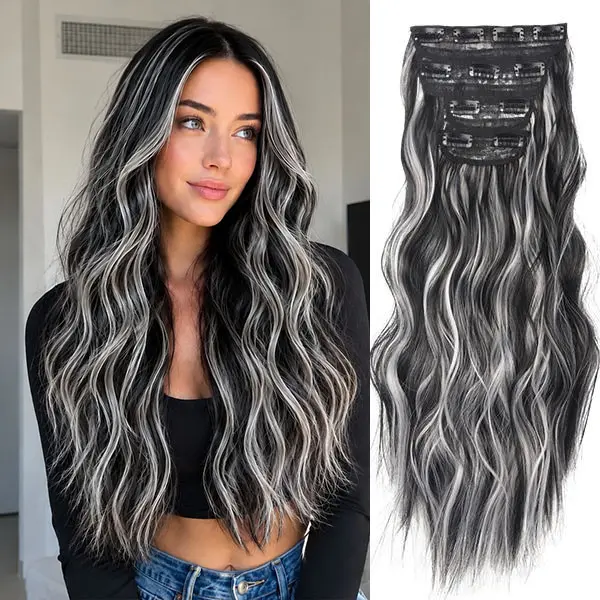 VOSILK Women's 4PCS Clip-in Hair Extensions - 20in 190g Black & White Mixed Synthetic Hairpiece Double Weft Body Wave Thick Long Daily Use Dates Accessories