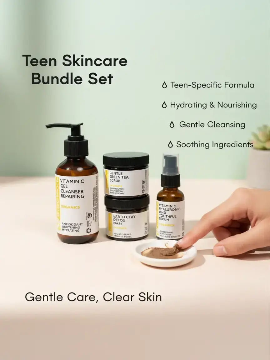 Teen 4-Piece Multi-Pack Skincare Set - Daily Routine with Vitamin C Cleanser, Green Tea Exfoliating Scrub, Hyaluronic Acid Detox Mask, Brightening Hydrating Serum