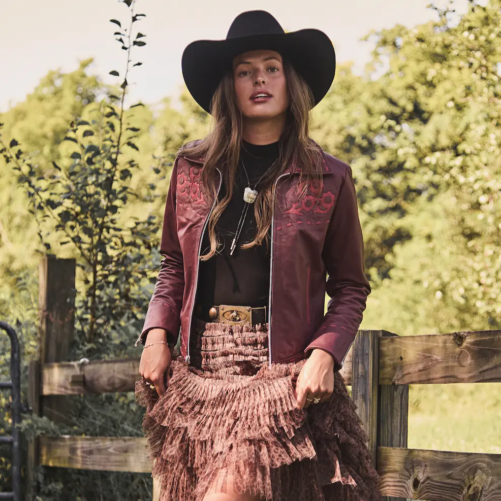 Women's Leather Floral Cropped Fitted Cowgirl Jacket - Sangria, with Pockets, Long Sleeve Coats, Tops, Lady, Lace, Longsleeves, Cropped Jacket, Piece, Full Sleeves, Long Front, Lamb Leather, Floral Lace, Reverse Flowers, Multi-Size, Cowboy Look, Clothes,