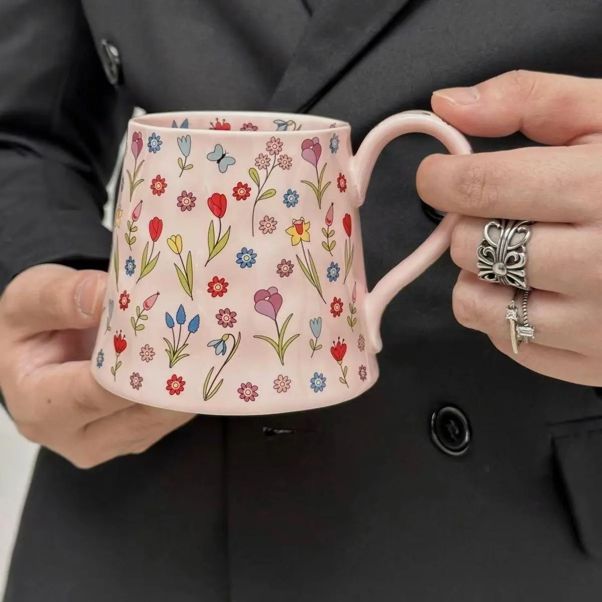 Floral Pattern Coffee Mug, Large Capacity Ceramic Cup, Hand Painted Coffee Cup, Drinking Cup for Home Office Use, Drinkware, Ceramic Tea Cup