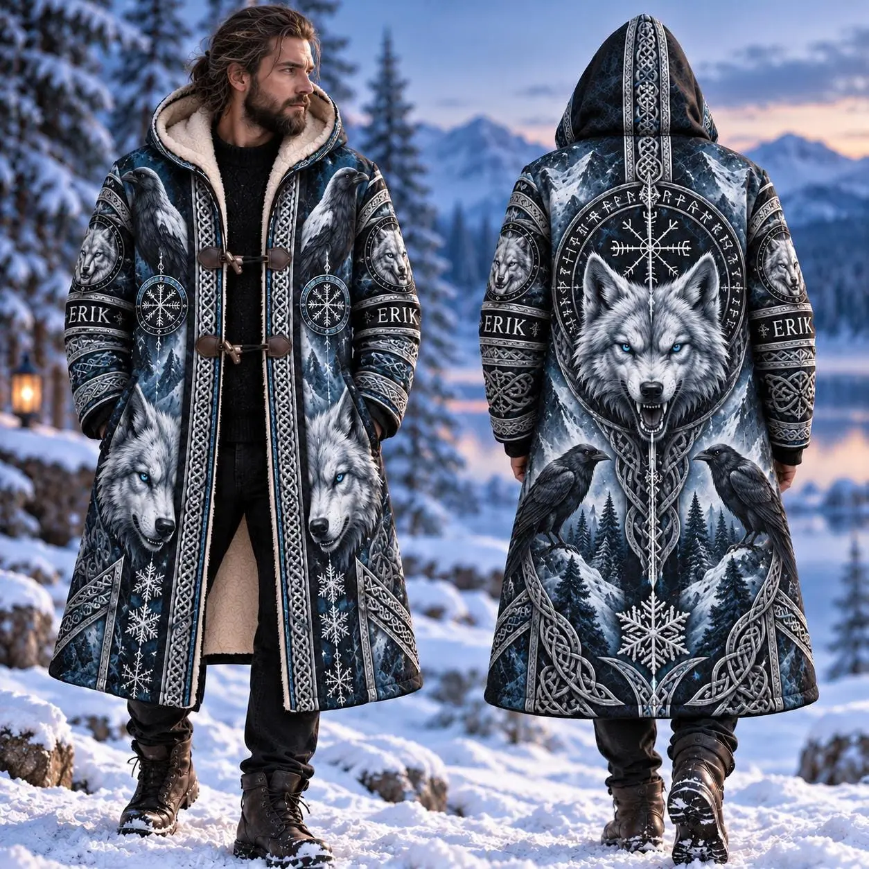 Viking White Wolf Hooded Coat for Men, Norse Winter Wolf Jacket, Blue Eyed Wolf and Raven Gothic Outerwear, Nordic Snow Warrior Gift