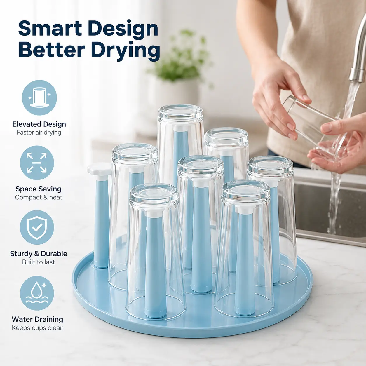 Cup Drying Rack with Raised Support Posts & Drainage Round Tray - 1 Count Home Decor for Kitchen Countertop to Hold Various Drinking Cups