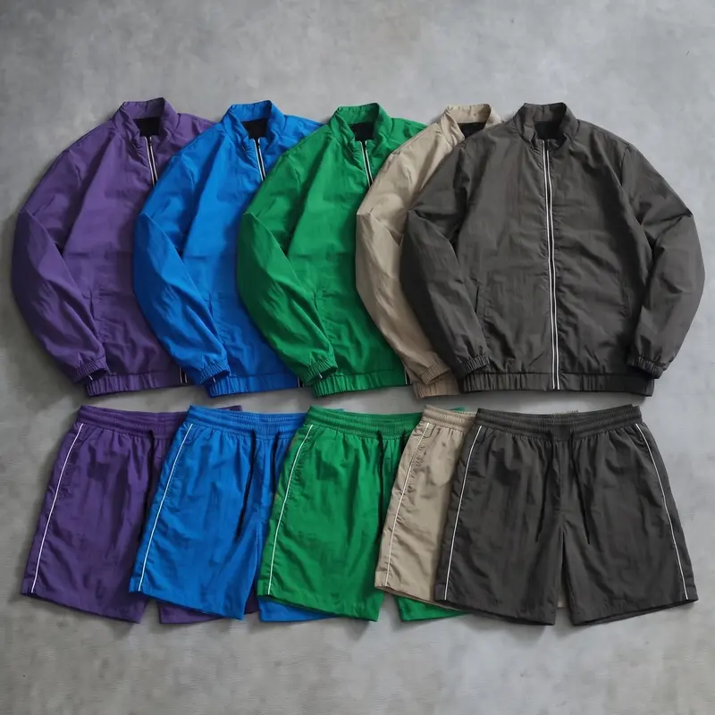 Men's 2-Piece Athletic Mock Neck Long Sleeve Zip-Up Jacket & Polyester Shorts Matching Set, Plain Menswear with Visible Side Stitching, Lightweight Thin for Sports, Casual Wear