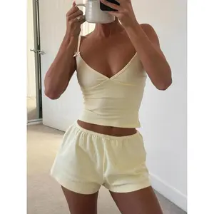 Women's 2-Piece Solid Spaghetti Strap Cami & Shorts Sleepwear Set, Casual Comfy Summer Lingerie