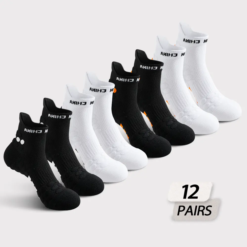 Men's 12-Pair Ankle-Length Compression Stockings for Adults, All Seasons, Shoe Size 6-12, Sweat-Wicking, Shock-Absorbing, Durable Terry Sole, Solid Color Cotton-Polyester Blend for Running, Basketball, 6 Black White And 6 Black Red, 12 Pairs, Male