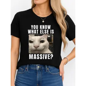 Women's Solid Cat Meme Short-Sleeve Cotton T-Shirt - Black Minimalist Streetwear, Round Neck, Regular Fit Unisex Everyday Casual Top, Comfortable Breathable Fabric, Summer Outfit-Friendly, Made in USA