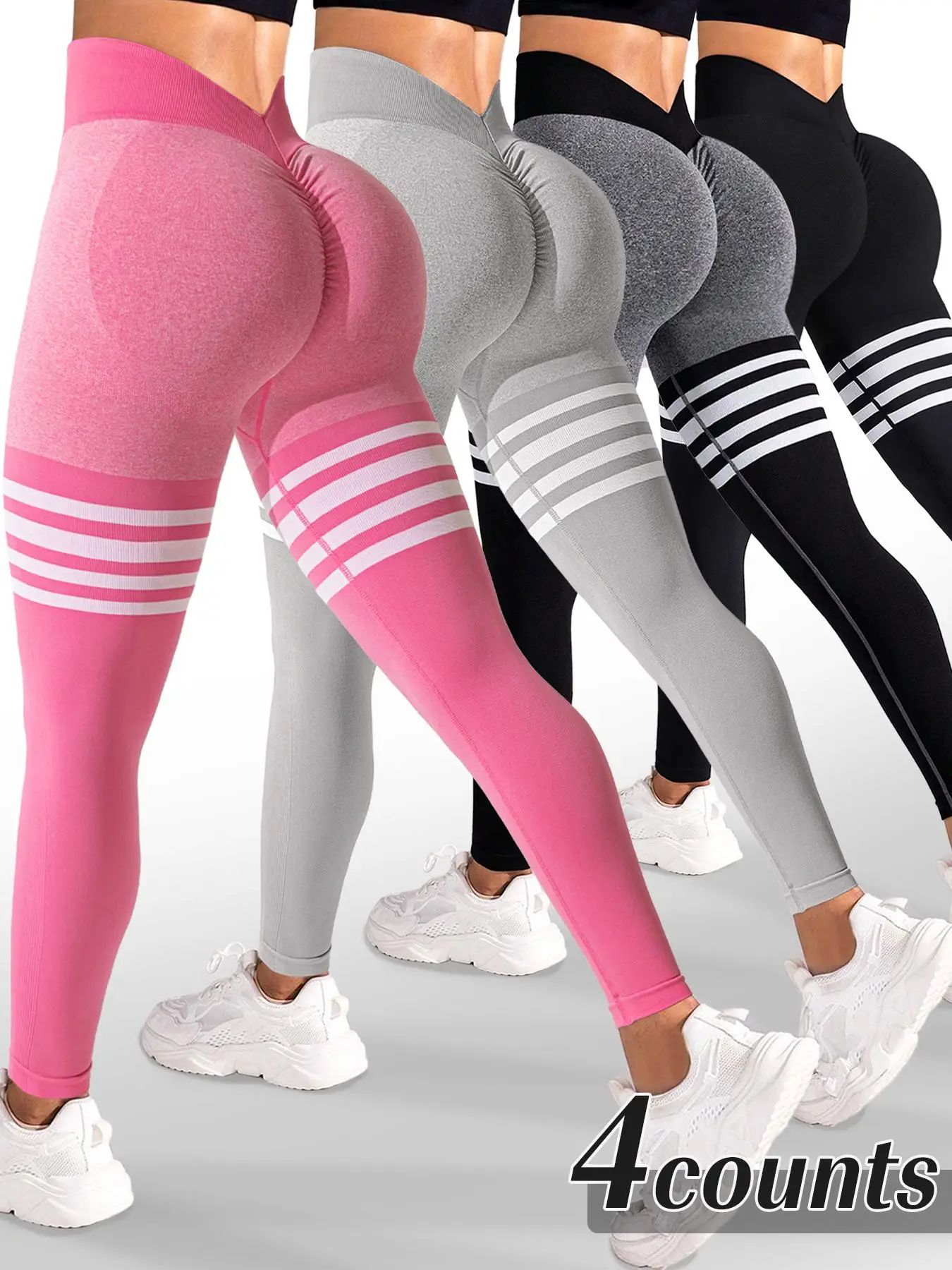 Women's Striped Print Ruched High Waist Sports Leggings, Sporty Comfy Breathable V-shaped Waist Skinny Pants for Yoga Gym Workout Running, Ladies Spor