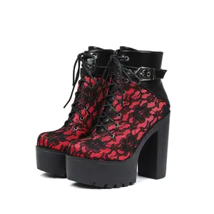 VIMISAOI Goth Platform Ankle Boots For Women Round Toe Chunky Block High Heel Lace Up Side Zipper Metal Buckle Victorian Lace Fashion Date Punk Rave Party Concert Combat Boots Valentine Shoes gift for her