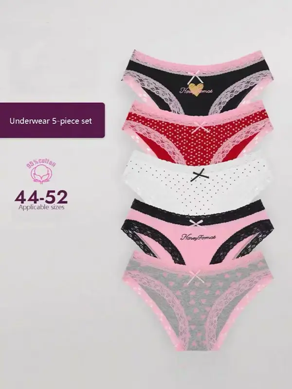 Women's 5-Piece Soft Cotton Brief Set - Comfortable, Non-Itchy, Cool, Extra Soft Underwear for Women with Elegance-Infused Lace Heart Polka Dot Triangle Lingerie, Comfortable Cotton Briefs Soft Pastel Panty Womenswear