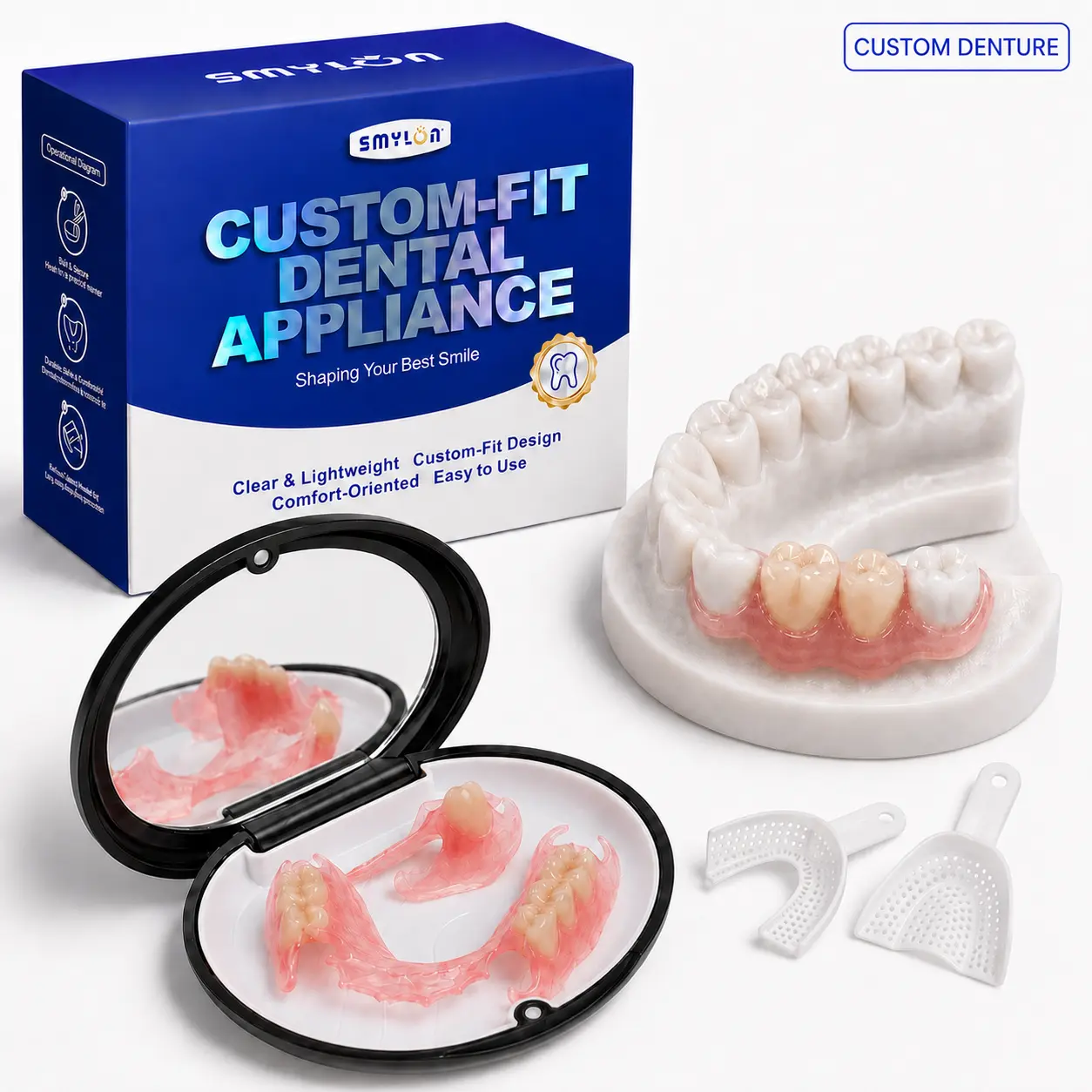 Smylon Custom Flipper Tooth Flexible Partial Denture for 1-6 Missing Teeth, Removable Temporary Tooth Replacement with Home Impression Kit