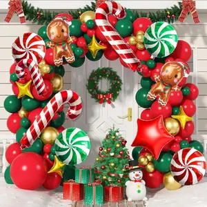 Christmas Balloon Garland Arch Kit Red Green Gold Latex Balloons Large Gingerbread Man Red Green Lollipop Candy Mini Cane Foil Balloons With Four/Five Pointed Star For Xmas New Year Party Decorations