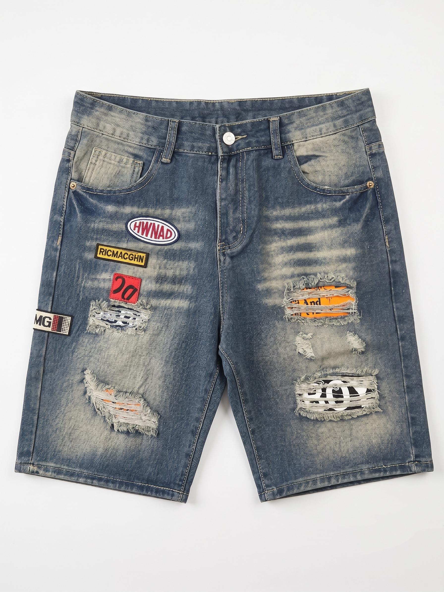 Men's Premium Ripped Patchwork Medium Blue Denim Shorts,Y2K Skater Aesthetic Vintage Whiskered Jean Shorts,Summer High-Street Essentials Streetwear Graphic Men's Premium Ripped Patchwork Medium Blue Denim Shorts,Y2K Skater Aesthetic Vintage Whiskered Jean Shorts,Summer High-Street Essentials Streetwear Graphic