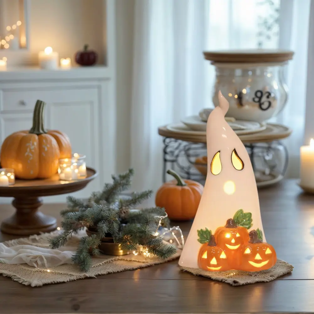 Ceramic Ghost Halloween Decor, Cute Light-Up Ghost Figurines, Halloween Gifts, Halloween Decorations Indoor for Tabletop, Shelf, Mantel