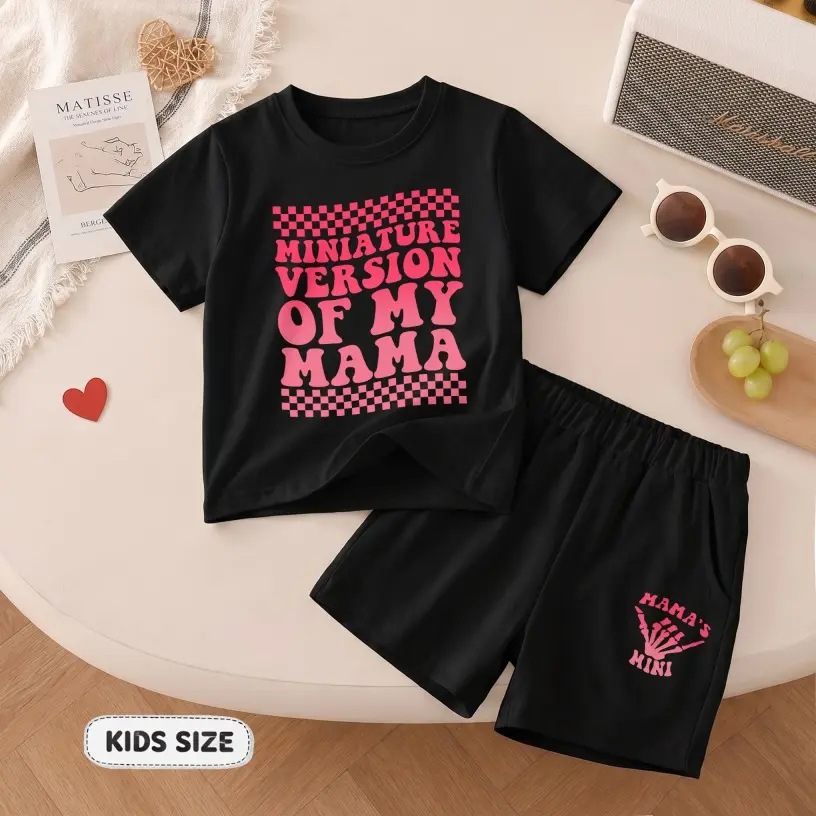 Girls’ Miniature Version Of My Mama Printed Design Short Sleeve T-Shirt And Shorts Set, Casual Kids Summer Outfit, Comfortable Crew Neck Clothing Set For Daily Wear And Outdoor Play