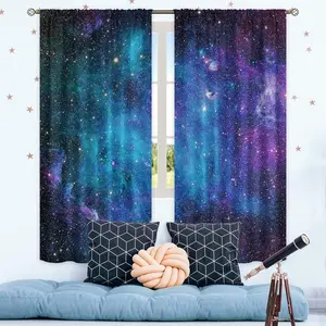 Kids Galaxy Outer Space Nebula Curtains 42W X 63L Inch Rod Pocket Blue Universe Planets Boys Girls Constellation Fantasy Starry Stars Trippy Bedroom Living Room Window Drapes Fabric 2 Panels Cinbloo