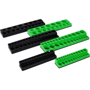 6Pcs Green and black Magnetic Socket Organizer Set, 1/4 3/8 1/2 Drive Metric SAE Socket Holder Tray Holds 141Pcs Deep Standard Sockets Strong Magnetic Anti-Scratch Rubber Base Garage Workshop Tool Storage Rack