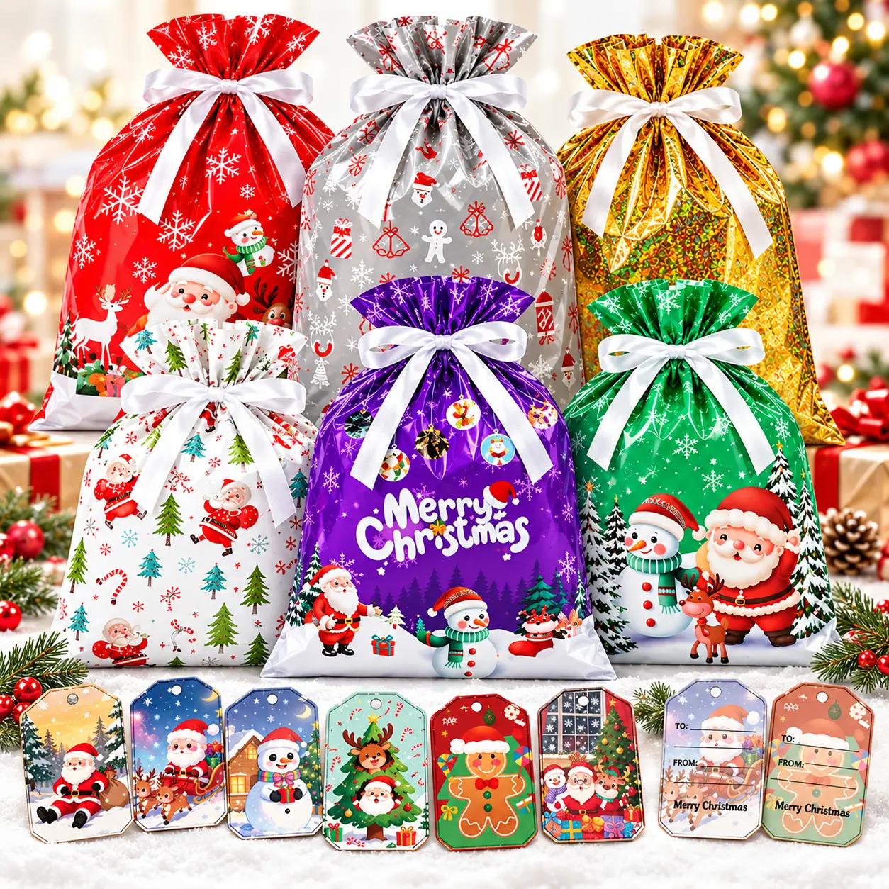 60pcsChristmas gift,30Pcs Christmas Drawstring Gift Bags with 30Pcs Gift Tags, Merry Xmas Santa Snowman Pattern Foil Present Pouches, Ribbon Tied Holiday Wrapping Bags for Kids Candy Treats, Christmas Party Favors,Xmas Eve Gift Sacks