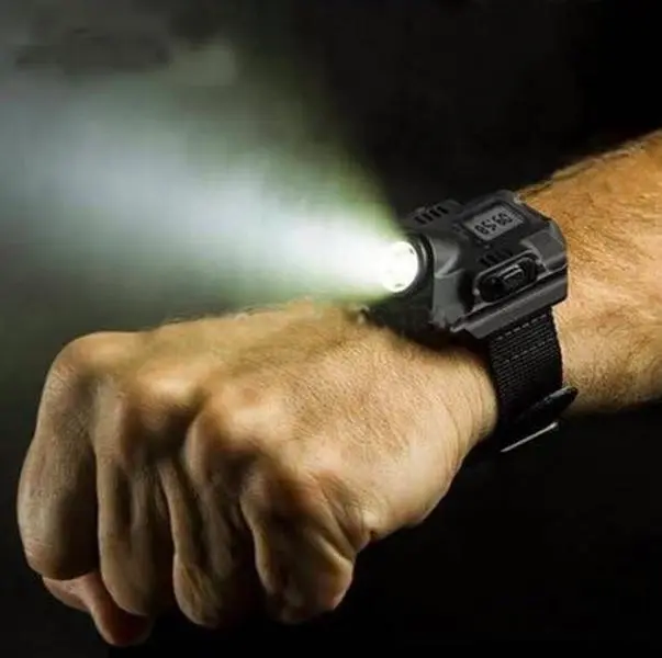Unisex ABS Nylon Waterproof LED Tactical Wrist-Mounted Torch Watch for Adults, 120 lm Sports Outdoor Led Light, Rechargeable Cable, Multi-Tools, Time Display, Fabric-Enhanced Emergency Camping Light