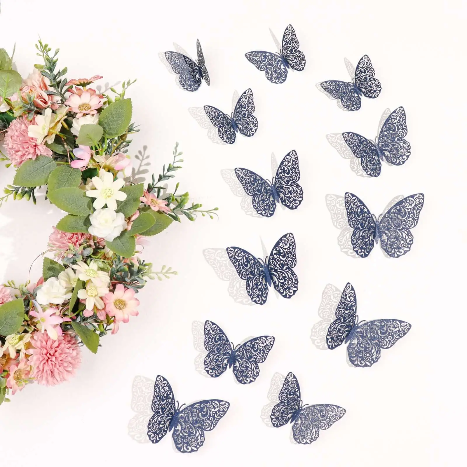 12-Pack Plastic 3D Navy Blue Animal Butterfly Wall Decals - Renter-Friendly Tiles Sticker, Removable DIY Home Decor for Children, Party Decorations, Fridge Decor, Sticker Deco