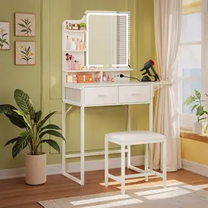 Small Vanity Desk with Mirror and Lights, Makeup Vanity with Fabric Storage Drawer, Chair and Three Shelves, White Vanity with Power Outlet and Fold-up Panel, Bedroom
