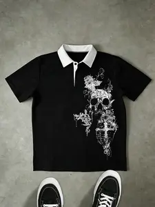'Polo Shirt' "GOTHIC SKULL" Skull & Cross Rose Print Contrast Collar Polo | Edgy Gothic Streetwear Aesthetic | Unisex OOTD Essential | TikTok Viral Y2K Casual Daily Wear Statement Top for Men Women 2026 Spring New Drop