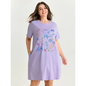 BLOOMCHIC Women's Plus Size Cotton-Spandex Fabric Ocean Elements Stretchy Short-Sleeve Lounge Garment [M-6X] 2026 Summer Lady Pick for Mother's Day 2026 Summer Vibes