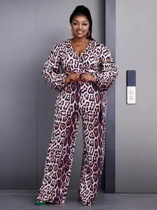 【Plus Size】 All Over Print Belted Wide Leg Jumpsuit, Casual Fashion Long Sleeve Jumpsuit for Daily Wear, Women's Plus Clothing for All Seasons