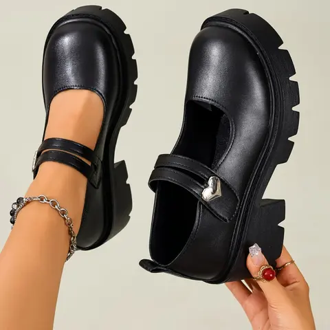 Women's Y2K Gothic Style Patent Leather Thick Sole Shoes, Mary Jane Footwear, Dual-Buckle Non-Slip Rubber Sole, Sizes 35-43, JK Uniform Casual Oxford Shoes