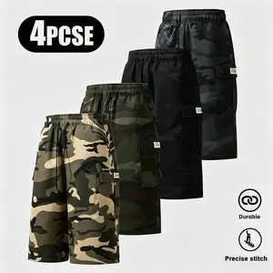 Men’s solid-color or camouflage print cargo shorts with letter patch appliqué and drawstring waist; regular fit, casual, comfortable, breathable; features flap pockets and slant pockets; versatile everyday bottoms for all seasons; camouflage straight-leg