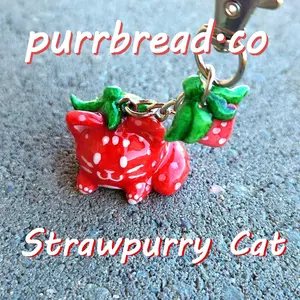 Cute Polymer Clay Resin Red Pink White Strawberry Cat Swivel Hook Silver Keychain Fruit Kitten Accessory