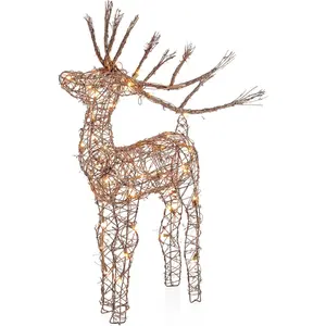35" Tall Outdoor Lighted Rattan Reindeer Christmas Yard Decoration with 60 Warm White LED Lights for Lawn Display, Brown