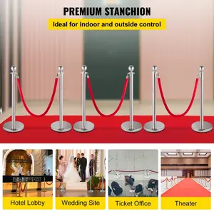 VEVOR 6 PCS Crowd Control Stanchion, Silver Stanchions Posts Stainless Steel Stanchion Queue Post Red Rope Retractable 38In for Both Indoor and Outdoor use.