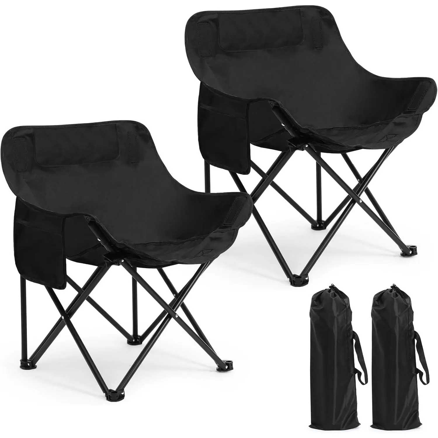 2-Pack Compact Folding Portable Outdoor Chairs, Lightweight Moon Chairs with Carry Bag, 600D Oxford Fabric, 330lbs Weight Capacity for Camping Travel Picnic (Black), Portable Outdoor Chair, Folding Chairs