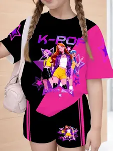 Girls' Sporty Style K-Pop Superstar Tween Girl Casual Loose Short Sleeve Top and Shorts 2 Piece Set, Sports Clothing Set, Sports Outfits, Sports Apparel, All Seasons Fitted Suit, Kids Girls Clothing