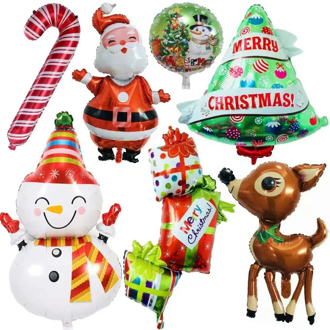Christmas Decor Balloons, Giant 7Pcs Mylar Foil Balloon Set, Santa Claus, Elk, Snowman, Reindeer, Candy Cane, Tree, Xmas Party Supplies YUN