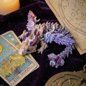 Celestial Lunar Dragon | Articulated Crystal Dragon Figure | Iridescent Desk Companion for Readers | 3D Printed Kinetic Art